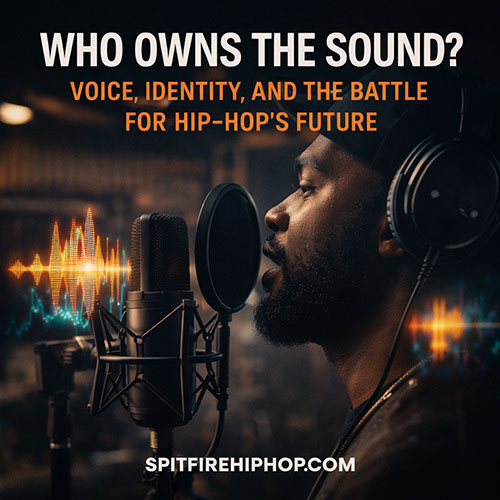 Hip-Hop artist in a studio speaking into a microphone surrounded by waveform visuals, symbolizing voice ownership and identity — SpitFireHipHop.com.