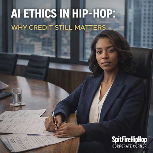 Hyper-realistic image of a Hip-Hop producer guiding AI music software in a modern studio, symbolizing human authorship and ethical crediting — SpitFireHipHop Corporate Corner.
