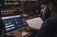 Hyper-realistic image of a Hip-Hop producer working with AI music software on a laptop in a modern studio, symbolizing the debate over authorship and producer credit — SpitFireHipHop Corporate Corner.