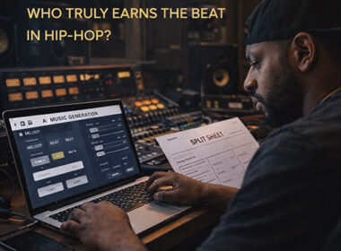 Hyper-realistic image of a Hip-Hop producer working with AI music software on a laptop in a modern studio, symbolizing the debate over authorship and producer credit — SpitFireHipHop Corporate Corner.