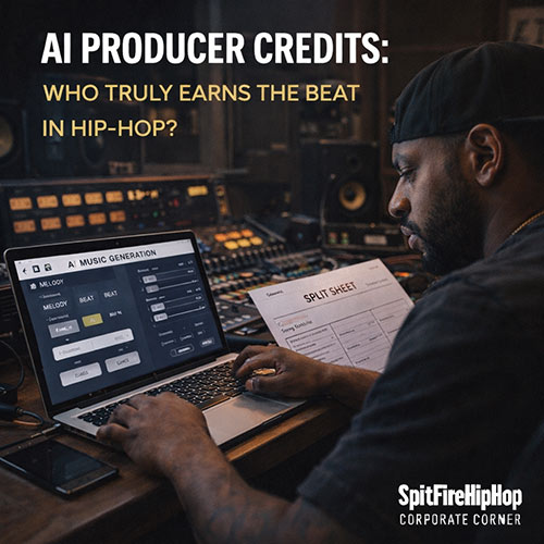 Hyper-realistic image of a Hip-Hop producer working with AI music software on a laptop in a modern studio, symbolizing the debate over authorship and producer credit — SpitFireHipHop Corporate Corner.