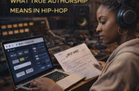 Hyper-realistic image of a Hip-Hop producer reviewing AI-generated beat options on a laptop in a modern studio, symbolizing ethical decisions around authorship and credit — SpitFireHipHop Corporate Corner.
