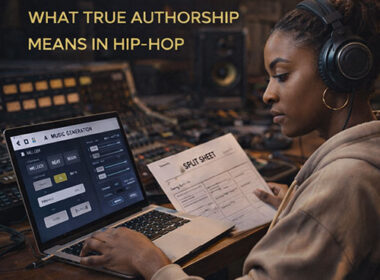 Hyper-realistic image of a Hip-Hop producer reviewing AI-generated beat options on a laptop in a modern studio, symbolizing ethical decisions around authorship and credit — SpitFireHipHop Corporate Corner.