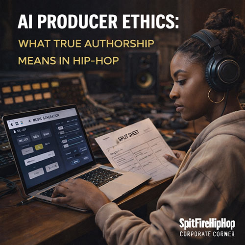Hyper-realistic image of a Hip-Hop producer reviewing AI-generated beat options on a laptop in a modern studio, symbolizing ethical decisions around authorship and credit — SpitFireHipHop Corporate Corner.