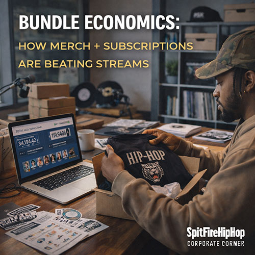 Independent Hip-Hop artist in a home studio packing merch orders while monitoring fan subscription income on a laptop, illustrating bundle economics and direct-to-fan revenue — SpitFireHipHop Corporate Corner.