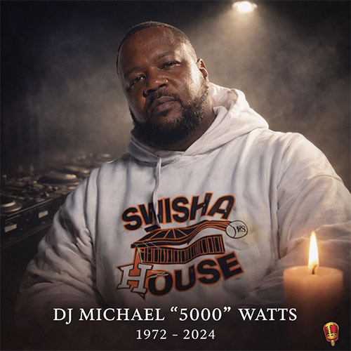 Photorealistic memorial tribute of DJ Michael “5000” Watts wearing a white Swishahouse hoodie, seated before DJ turntables with a candle glowing at his side, honoring the Houston hip-hop pioneer.