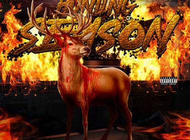 Boom bap hip-hop scene with three gritty emcees in hoodies performing in a dimly lit warehouse while a DJ scratches vinyl behind them — golden era underground energy.