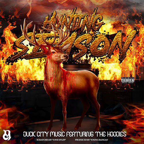 Boom bap hip-hop scene with three gritty emcees in hoodies performing in a dimly lit warehouse while a DJ scratches vinyl behind them — golden era underground energy.