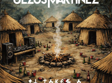 Jezus Martinez (Jezus Borgia and Mike Martinez) stand on a sandy beach shoreline at sunset, waves rolling in behind them, wearing streetwear as warm orange light hits the water — visual theme of hometown pride for their single “Coquina Sands” produced by Chrome Rockwell.