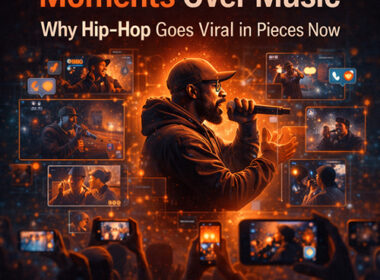 Hip-Hop artist performing as short video clips and reaction screens surround them, symbolizing how moments drive viral culture — SpitFireHipHop.com.