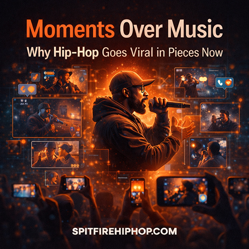 Hip-Hop artist performing as short video clips and reaction screens surround them, symbolizing how moments drive viral culture — SpitFireHipHop.com.