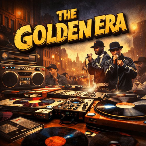 Golden Era hip-hop scene with DJs spinning vinyl turntables and MCs performing live in a gritty 1980s urban block party setting, representing the foundation of lyricism and DJ culture.