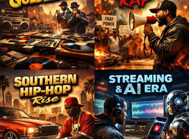 Golden Era hip-hop scene with DJs spinning vinyl turntables and MCs performing live in a gritty 1980s urban block party setting, representing the foundation of lyricism and DJ culture.