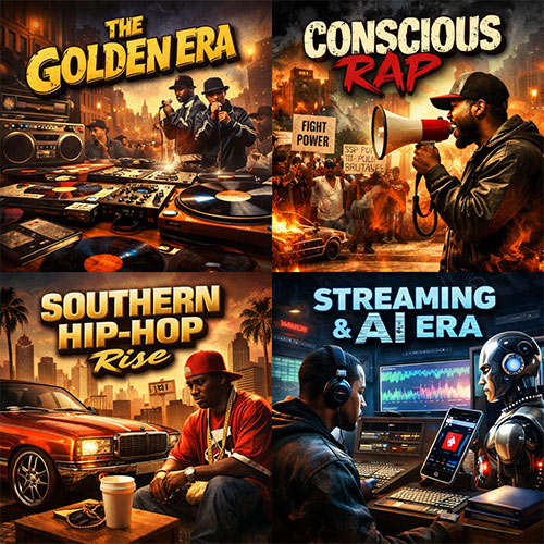 Golden Era hip-hop scene with DJs spinning vinyl turntables and MCs performing live in a gritty 1980s urban block party setting, representing the foundation of lyricism and DJ culture.