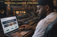 Image of a Hip-Hop artist managing fan subscriptions on a laptop inside a modern studio, representing direct-to-fan recurring revenue — SpitFireHipHop Corporate Corner.
