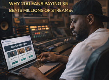 Image of a Hip-Hop artist managing fan subscriptions on a laptop inside a modern studio, representing direct-to-fan recurring revenue — SpitFireHipHop Corporate Corner.