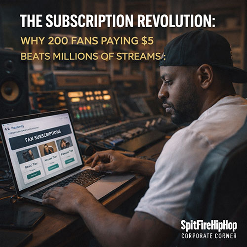 Image of a Hip-Hop artist managing fan subscriptions on a laptop inside a modern studio, representing direct-to-fan recurring revenue — SpitFireHipHop Corporate Corner.