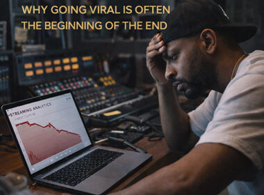 Image of a Hip-Hop artist reviewing declining streaming analytics after a viral spike, symbolizing the viral trap — SpitFireHipHop Corporate Corner.