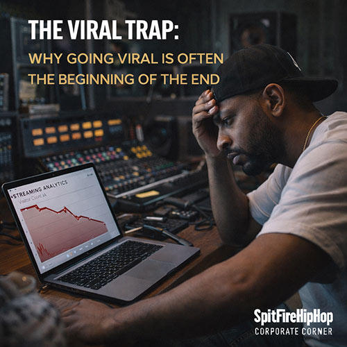 Image of a Hip-Hop artist reviewing declining streaming analytics after a viral spike, symbolizing the viral trap — SpitFireHipHop Corporate Corner.