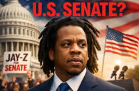 Photorealistic image of Jay-Z in a navy suit standing in front of the U.S. Capitol and American flag with bold headline text reading “Jay-Z for U.S. Senate?” and a blurred rally crowd in the background.