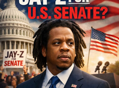 Photorealistic image of Jay-Z in a navy suit standing in front of the U.S. Capitol and American flag with bold headline text reading “Jay-Z for U.S. Senate?” and a blurred rally crowd in the background.