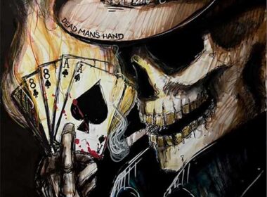 Moody poker table with aces and eights under noir lighting, smoke in the air — visual theme for Jackpot’s ‘Dead Man’s Hand’ Hip-Hop single.