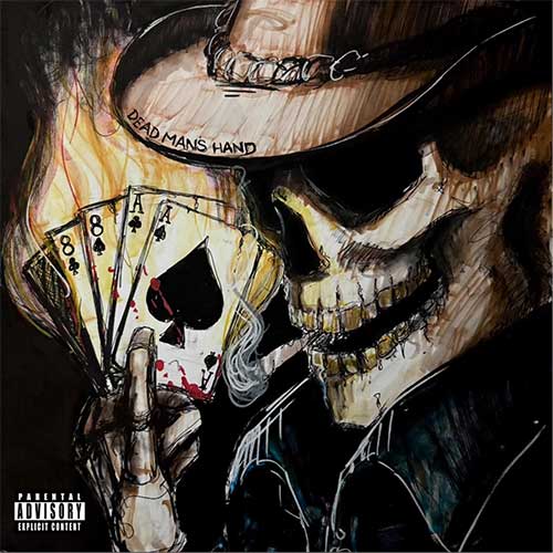 Moody poker table with aces and eights under noir lighting, smoke in the air — visual theme for Jackpot’s ‘Dead Man’s Hand’ Hip-Hop single.