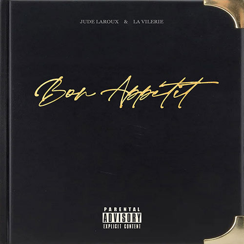 Moody, cinematic Hip-Hop studio scene featuring a luxury dinner table aesthetic with gold plates and vinyl records, symbolizing Jude Laroux and La Vilerie’s album Bon Appétit as a refined sonic feast.