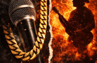Split-screen ultra-realistic graphic showing a vintage microphone and gold chain on one side and a country-rock guitar silhouette on the other, symbolizing the cultural contrast between Hip-Hop leadership and rock commentary in the Jay-Z NFL debate.
