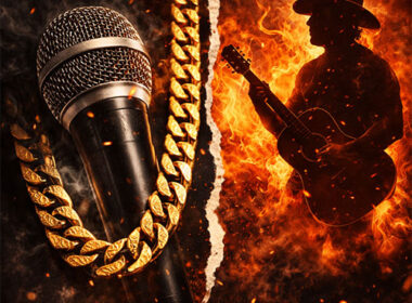 Split-screen ultra-realistic graphic showing a vintage microphone and gold chain on one side and a country-rock guitar silhouette on the other, symbolizing the cultural contrast between Hip-Hop leadership and rock commentary in the Jay-Z NFL debate.