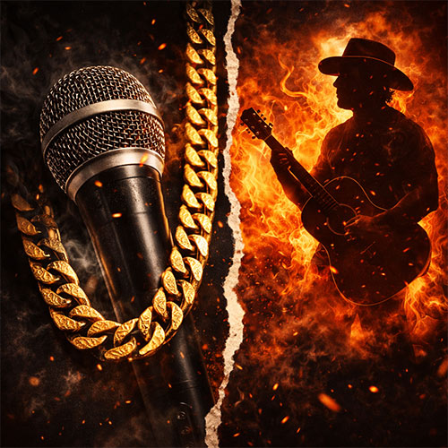 Split-screen ultra-realistic graphic showing a vintage microphone and gold chain on one side and a country-rock guitar silhouette on the other, symbolizing the cultural contrast between Hip-Hop leadership and rock commentary in the Jay-Z NFL debate.