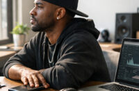 Ultra-realistic image of a Hip-Hop artist sitting at a desk in a sunlit studio, looking out the window while reviewing streaming analytics on a laptop, symbolizing algorithm fatigue and the shift toward direct fan ownership — SpitFireHipHop Corporate Corner.