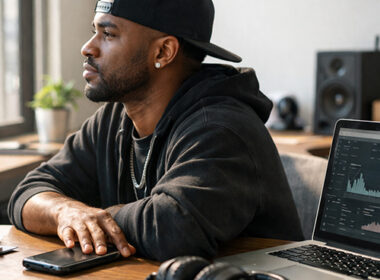 Ultra-realistic image of a Hip-Hop artist sitting at a desk in a sunlit studio, looking out the window while reviewing streaming analytics on a laptop, symbolizing algorithm fatigue and the shift toward direct fan ownership — SpitFireHipHop Corporate Corner.