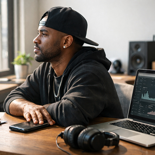 Ultra-realistic image of a Hip-Hop artist sitting at a desk in a sunlit studio, looking out the window while reviewing streaming analytics on a laptop, symbolizing algorithm fatigue and the shift toward direct fan ownership — SpitFireHipHop Corporate Corner.