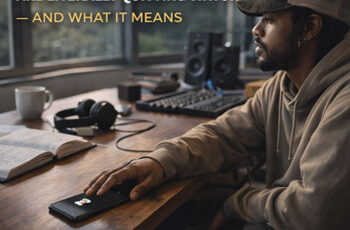 Ultra-realistic image of a Hip-Hop artist placing a phone face down on a desk in a daylight studio, symbolizing stepping away from TikTok to focus on deeper fan connection — SpitFireHipHop Corporate Corner.