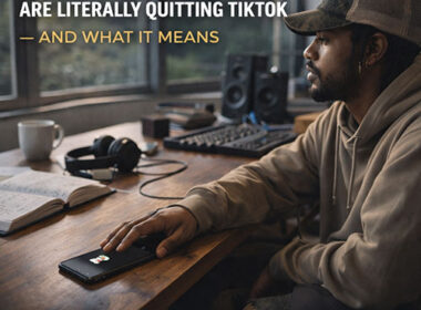 Ultra-realistic image of a Hip-Hop artist placing a phone face down on a desk in a daylight studio, symbolizing stepping away from TikTok to focus on deeper fan connection — SpitFireHipHop Corporate Corner.