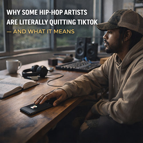 Ultra-realistic image of a Hip-Hop artist placing a phone face down on a desk in a daylight studio, symbolizing stepping away from TikTok to focus on deeper fan connection — SpitFireHipHop Corporate Corner.