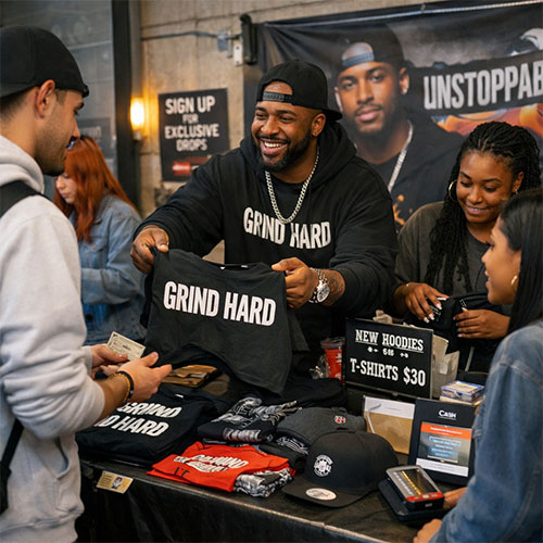 Independent Hip-Hop artist selling merchandise directly to fans, representing the rise of the direct-to-fan economy in modern rap
