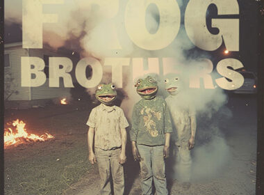 Frog Brothers IV EP cover showing three figures wearing frog masks standing in a smoky suburban street with fires burning behind them.