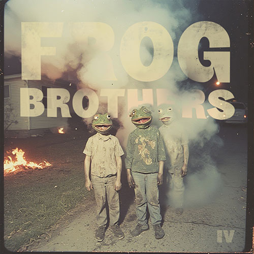 Frog Brothers IV EP cover showing three figures wearing frog masks standing in a smoky suburban street with fires burning behind them.