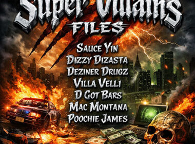 Hip-Hop album cover featuring a burning city skyline, police car, skull, and cash piles with bold “Super Villains Files” title — gritty underground rap aesthetic