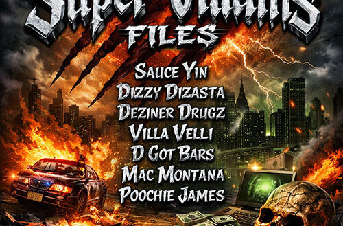 Hip-Hop album cover featuring a burning city skyline, police car, skull, and cash piles with bold “Super Villains Files” title — gritty underground rap aesthetic