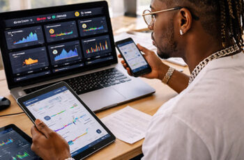Ultra-realistic image of a Hip-Hop artist analyzing fan engagement across multiple devices in a bright studio, representing the concept of building an audience stack across platforms — SpitFireHipHop Corporate Corner.