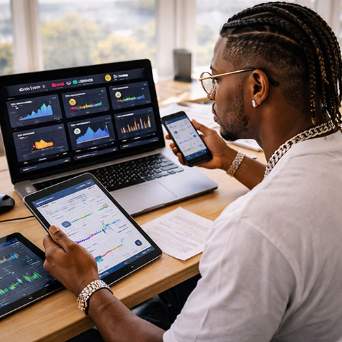 Ultra-realistic image of a Hip-Hop artist analyzing fan engagement across multiple devices in a bright studio, representing the concept of building an audience stack across platforms — SpitFireHipHop Corporate Corner.