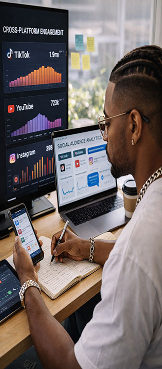 Ultra-realistic image of a Hip-Hop artist analyzing fan engagement across multiple devices in a bright studio, representing the concept of building an audience stack across platforms — SpitFireHipHop Corporate Corner.