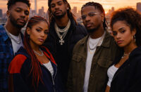 Ultra-realistic image of a diverse Hip-Hop collective standing together on a rooftop at sunset overlooking a city skyline, symbolizing unity, collaboration, and the return of crews in modern Hip-Hop — SpitFireHipHop Corporate Corner.
