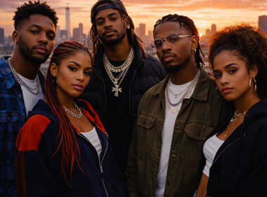 Ultra-realistic image of a diverse Hip-Hop collective standing together on a rooftop at sunset overlooking a city skyline, symbolizing unity, collaboration, and the return of crews in modern Hip-Hop — SpitFireHipHop Corporate Corner.