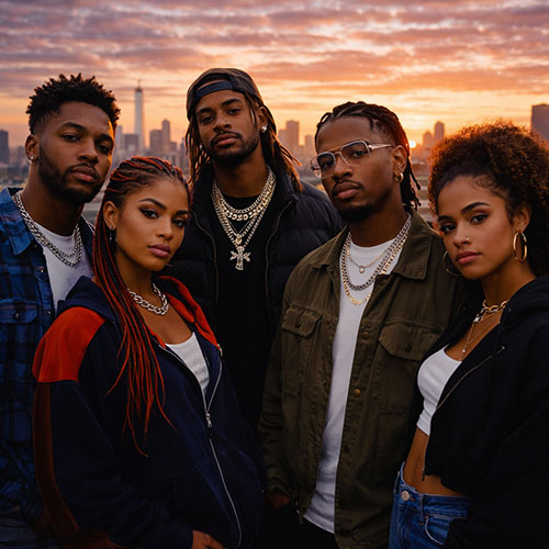 Ultra-realistic image of a diverse Hip-Hop collective standing together on a rooftop at sunset overlooking a city skyline, symbolizing unity, collaboration, and the return of crews in modern Hip-Hop — SpitFireHipHop Corporate Corner.