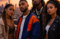 Ultra-realistic image of a confident next-generation Hip-Hop artist standing on a rooftop overlooking a vibrant city skyline at sunset, symbolizing the search for the next leader in Hip-Hop culture — SpitFireHipHop Corporate Corner.