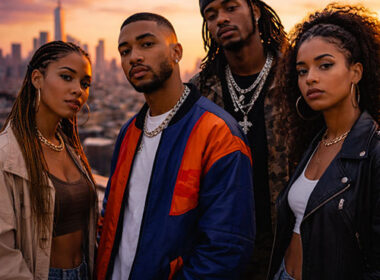 Ultra-realistic image of a confident next-generation Hip-Hop artist standing on a rooftop overlooking a vibrant city skyline at sunset, symbolizing the search for the next leader in Hip-Hop culture — SpitFireHipHop Corporate Corner.